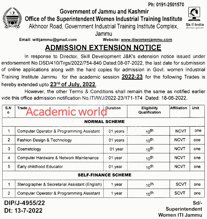 J&K Govt ITI Extended Last Date Notification for Admission 2022